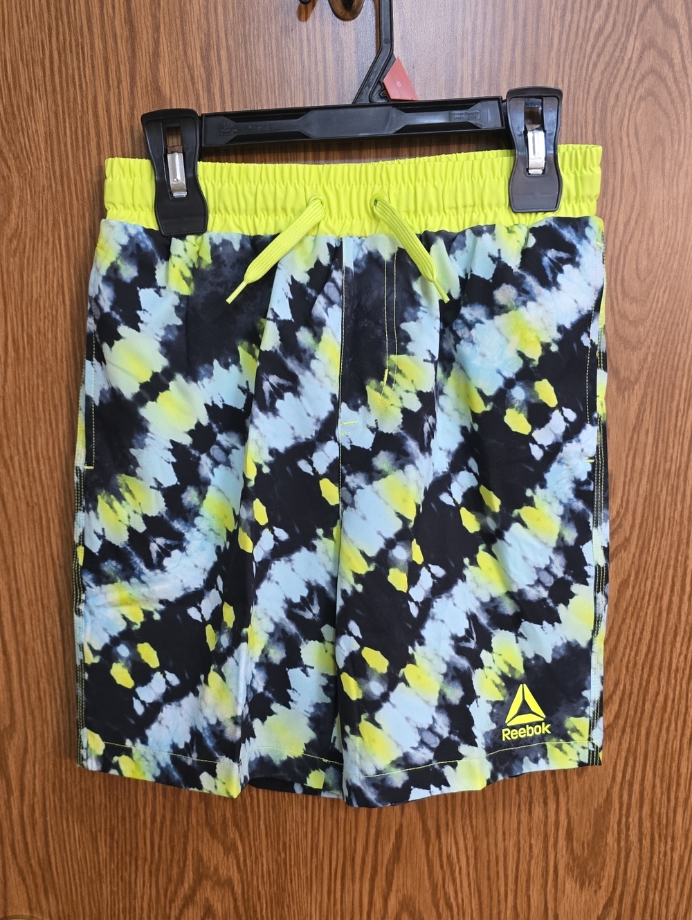 Reebok Black and Neon Yellow Tie-Dye Swim Shorts